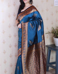 Metallic Blue Soft Silk Banarasi Zari Woven Peacock Butta Saree