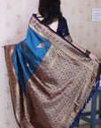 Metallic Blue Soft Silk Banarasi Zari Woven Peacock Butta Saree