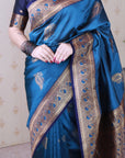 Metallic Blue Soft Silk Banarasi Zari Woven Peacock Butta Saree