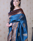 Metallic Blue Soft Silk Banarasi Zari Woven Peacock Butta Saree