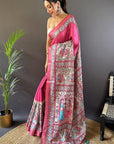 Pink Tussar Silk Saree with Madhubani Printed with Zari Woven Border