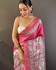 Pink Tussar Silk Saree with Madhubani Printed with Zari Woven Border