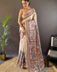 Cream Tussar Silk Saree with Madhubani Printed with Zari Woven Border