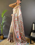 Cream Tussar Silk Saree with Madhubani Printed with Zari Woven Border