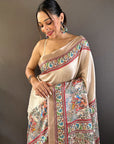 Cream Tussar Silk Saree with Madhubani Printed with Zari Woven Border