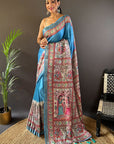 Blue Tussar Silk Saree with Madhubani Printed with Zari Woven Border