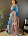 Blue Tussar Silk Saree with Madhubani Printed with Zari Woven Border