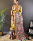 Gold Tussar Silk Saree with Madhubani Printed with Zari Woven Border