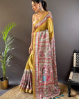Gold Tussar Silk Saree with Madhubani Printed with Zari Woven Border