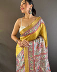 Gold Tussar Silk Saree with Madhubani Printed with Zari Woven Border