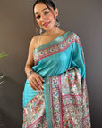 Sky Blue Tussar Silk Saree with Madhubani Printed with Zari Woven Border