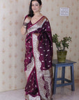 Wine Banarasi Silver Zari Woven Soft Silk Saree