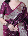 Wine Banarasi Silver Zari Woven Soft Silk Saree