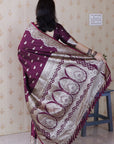 Wine Banarasi Silver Zari Woven Soft Silk Saree