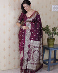 Wine Banarasi Silver Zari Woven Soft Silk Saree