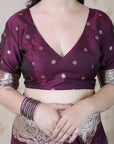 Wine Banarasi Silver Zari Woven Soft Silk Saree