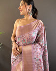 Dusty Pink Assam Silk Kalamkari Printed Saree with Zari Woven Border