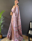 Dusty Pink Assam Silk Kalamkari Printed Saree with Zari Woven Border