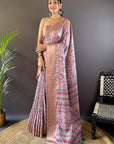 Dusty Pink Assam Silk Kalamkari Printed Saree with Zari Woven Border