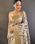 Cream Assam Silk Kalamkari Printed Saree with Zari Woven Border