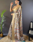 Cream Assam Silk Kalamkari Printed Saree with Zari Woven Border
