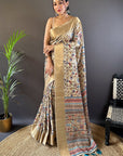 Cream Assam Silk Kalamkari Printed Saree with Zari Woven Border