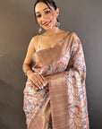 Baby Pink Assam Silk Kalamkari Printed Saree with Zari Woven Border