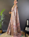 Baby Pink Assam Silk Kalamkari Printed Saree with Zari Woven Border