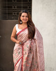 Coffee Katki Silk Floral Printed Saree with PIping Border