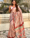 Coffee Katki Silk Floral Printed Saree with PIping Border