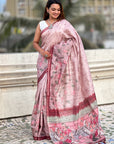 Baby Pink Katki Silk Floral Printed Saree with PIping Border