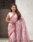 Baby Pink Katki Silk Floral Printed Saree with PIping Border