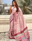 Baby Pink Katki Silk Floral Printed Saree with PIping Border