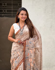 Brown Katki Silk Floral Printed Saree with PIping Border