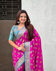Magenta Soft Ikkat Patola Zari Woven Silk Saree