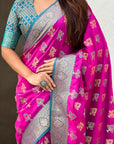Magenta Soft Ikkat Patola Zari Woven Silk Saree