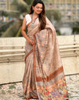 Brown Katki Silk Floral Printed Saree with PIping Border