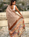 Brown Katki Silk Floral Printed Saree with PIping Border