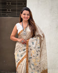 Gold Katki Silk Floral Printed Saree with PIping Border