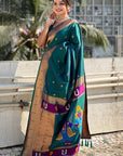 Peacock Blue Zari Woven Paithani Silk Saree with Vitthal Rukmini Pallu