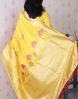 Yellow Soft Silk Zari Woven Cow and Tree Pattern Saree