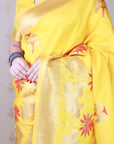 Yellow Soft Silk Zari Woven Cow and Tree Pattern Saree