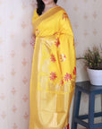 Yellow Soft Silk Zari Woven Cow and Tree Pattern Saree