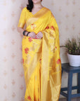 Yellow Soft Silk Zari Woven Cow and Tree Pattern Saree