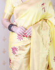 Light Yellow Soft Silk Zari Woven Cow and Tree Pattern Saree