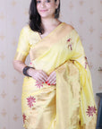Light Yellow Soft Silk Zari Woven Cow and Tree Pattern Saree