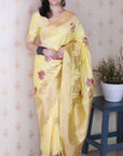 Light Yellow Soft Silk Zari Woven Cow and Tree Pattern Saree