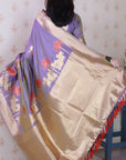 Purplish Grey Soft Silk Zari Woven Cow and Tree Pattern Saree