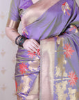 Purplish Grey Soft Silk Zari Woven Cow and Tree Pattern Saree