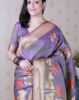 Purplish Grey Soft Silk Zari Woven Cow and Tree Pattern Saree